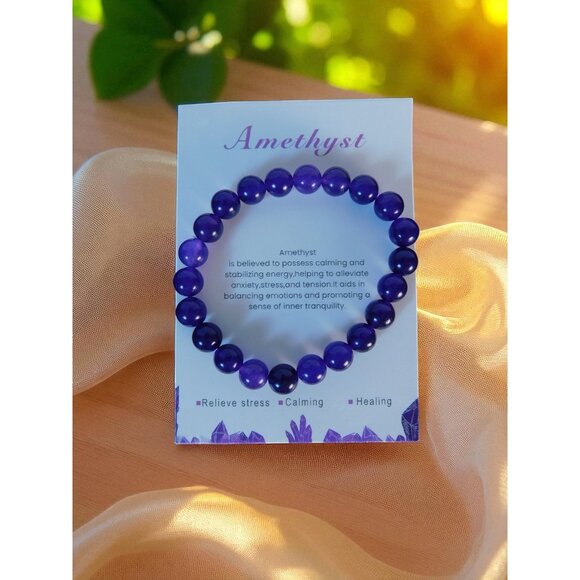Amethyst Beaded Bracelet Healing Energy Gemstone Calming Stress Relief Jewelry G - Picture 1 of 12